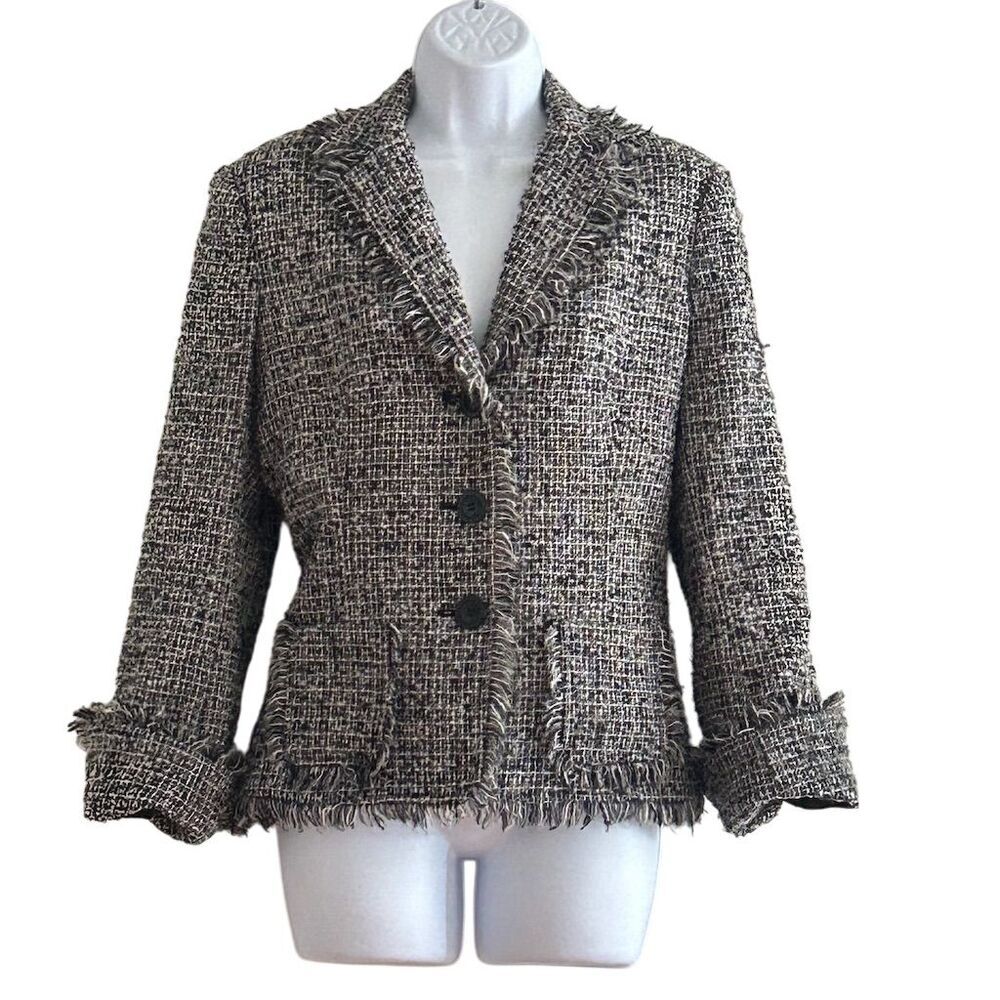 ADEC Women's Size 8 Black Wool Blazer Fringe Trim Business Jacket